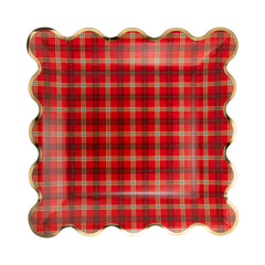 Red Plaid Square Gold Edge Scalloped Plate 8pk. - Pretty Day