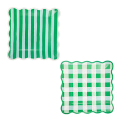 Green Gingham and Stripes Scalloped Square Plate Set 8pk.