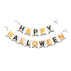 Halloween-themed banner with 'Happy Halloween' text on a white background