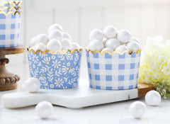 Jumbo Foiled Blue Gingham Floral Baking Cup 40pk. - Pretty Day