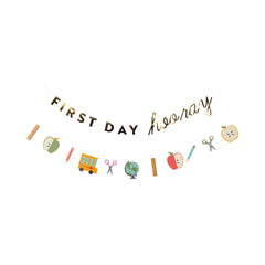 Decorative banner with school-themed icons and 'First Day Hooray' text on a white background