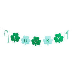 The word 'LUCKY' spelled with clover leafs on a white background