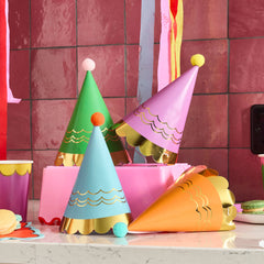 Premium Bright Party Hats with Pom Poms 8pk. - Pretty Day