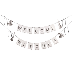 Halloween-themed banner with 'Welcome Witches' text on a white background