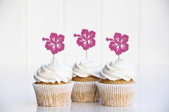 Tropical Hibiscus Flower Glitter Paper Cupcake Toppers - Pretty Day