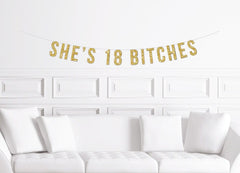 She&#39;s 18 Bitches Banner / Gold Glitter Birthday Sign  / Women&#39;s Banner/ Girl&#39;s Birthday Party/  18th eighteen eighteenth Decoration / Decor
