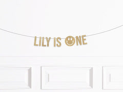 Custom Smiley Face is One Birthday Banner, Smiley Face 1st Birthday Decorations, Retro First Birthday Decor, Smiley Face Party Supplies - Pretty Day