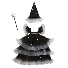 girls sparkly witch Halloween costume with twirly tulle skirt and pointy hat