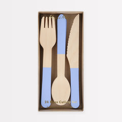 Cornflower Blue Wooden Cutlery Set 24pk. - Pretty Day