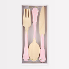 Elegant Pink Wooden Cutlery 24pk. - Pretty Day