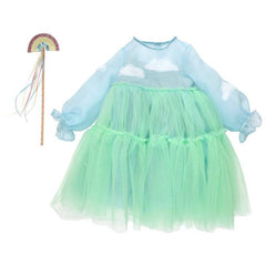 kids cloud dress-up play costume with blue organza dress, green tulle, and white cloud appliqués