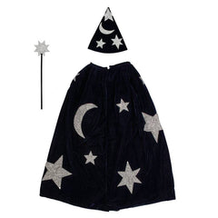 Blue Velvet kids wizard Halloween costume with starry robe, pointed hat, and magic wand