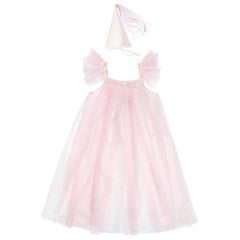girls princess Halloween costume with soft pink tulle layers and gold trim