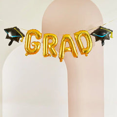 Hootyballoo by Club Green - Gold 'Grad' 16" With Graduation Hats 14" Foil Balloon Garlan - Pretty Day