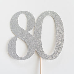 80 Cake Topper, 80th Birthday, Anniversary, Eighty, Eightieth, Silver Glitter, Party Decor, Decoration, Milestone Theme