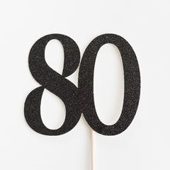 80 Cake Topper, 80th Birthday, Anniversary, Eighty, Eightieth, Black Glitter, Party Decor, Decoration, Milestone Theme