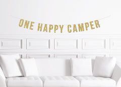 Custom One Happy Camper Banner / Gold Glitter Camping First Birthday Sign/Wilderness Forest Theme Decor / 1st Boy&#39;s Woodland Lumberjack