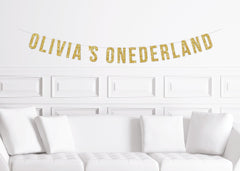 Custom Onederland Cursive Banner, Gold Glitter Script 1st Birthday Sign, Boy&#39;s Girl&#39;s 1st Birthday Party, One Decorations - Pretty Day