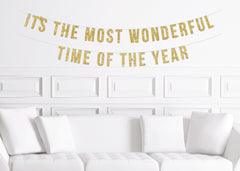 It's The Most Wonderful Time of The Year Banner, Christmas Home Decor, Mantle Sign Gold Glitter, Boho Modern - Pretty Day