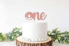 Donut One Cake Topper, Doughnut Cake Smash Sign, Donut 1st Birthday Decor, Donut First Decorations, One with Donut in place of O, Pink, Gold - Pretty Day