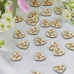 Wedding Mr & Mrs Wood Heart Shaped Table Confetti - 25 Pack S3074 - Pretty Day