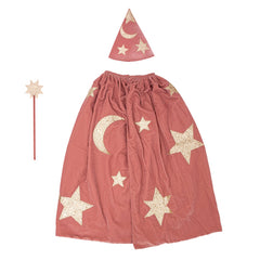 Pink Velvet kids wizard Halloween costume with starry robe, pointed hat, and magic wand