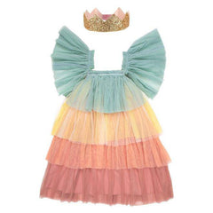 Rainbow Princess Dress Up costume with rainbow tulle and a glitter crown