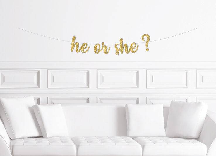 He or She? Cursive Gender Reveal Banner | Pretty Day