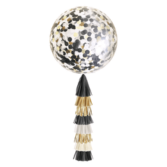 Jumbo Confetti Balloon & Tassel Tail - Black, White & Gold S7103 - Pretty Day