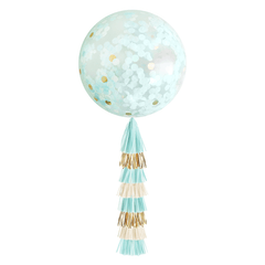 Jumbo Confetti Balloon & Tassel Tail - Light Blue & Gold S7038 - Pretty Day