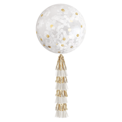 Jumbo Confetti Balloon & Tassel Tail - White & Gold S8034 - Pretty Day