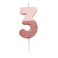 Birthday Number 3 Candle Rose Gold Glitter Dipped S8117 - Pretty Day