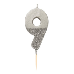 Birthday Number 9 Candle Silver Glitter Dipped S1088 - Pretty Day
